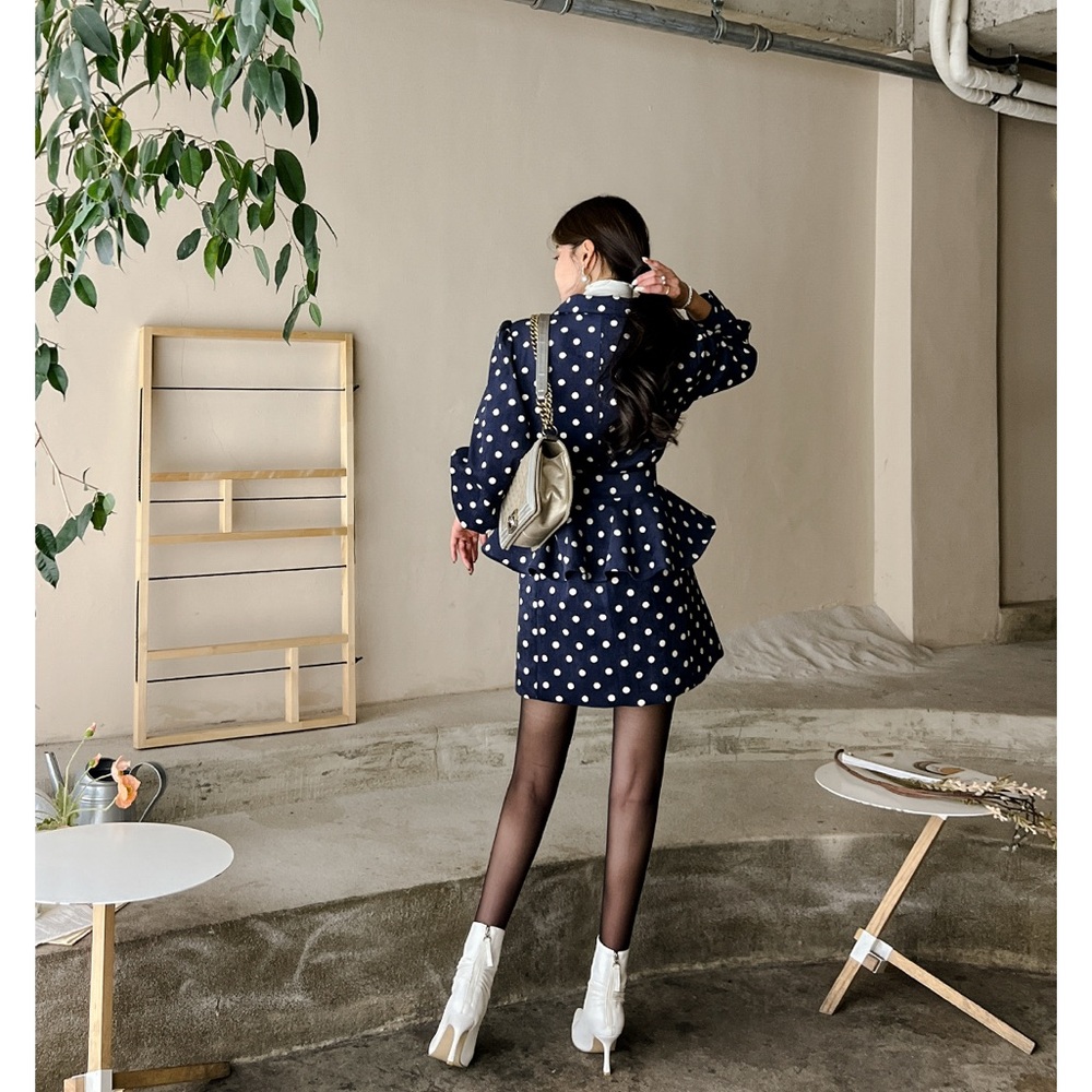 White and Blue Polka Dot Blazer with Puff Sleeves - Picture 2 of 14